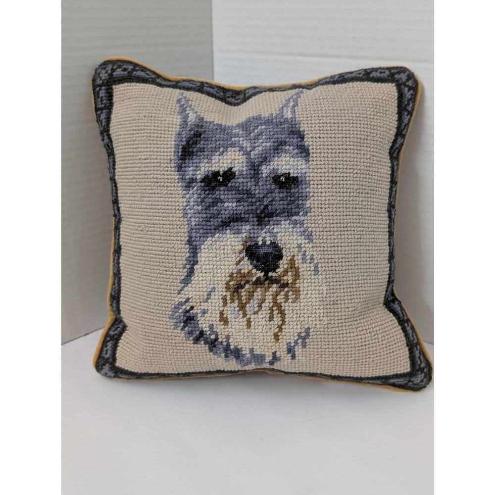 Vintage Schnauzer Needlepoint Throw Pillow Handcrafted Wool Petit Point Decor